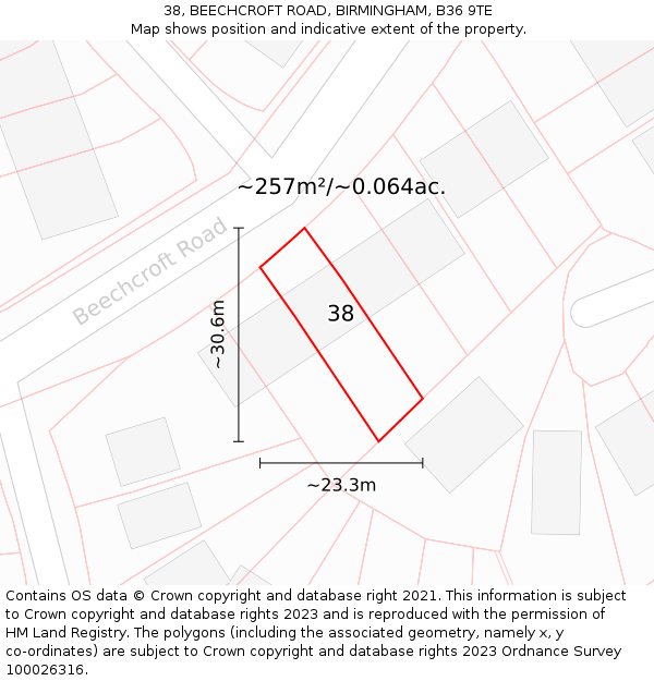 38, BEECHCROFT ROAD, BIRMINGHAM, B36 9TE: Plot and title map