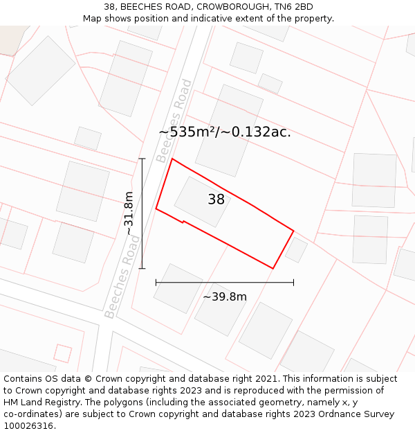 38, BEECHES ROAD, CROWBOROUGH, TN6 2BD: Plot and title map