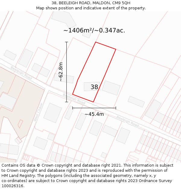 38, BEELEIGH ROAD, MALDON, CM9 5QH: Plot and title map