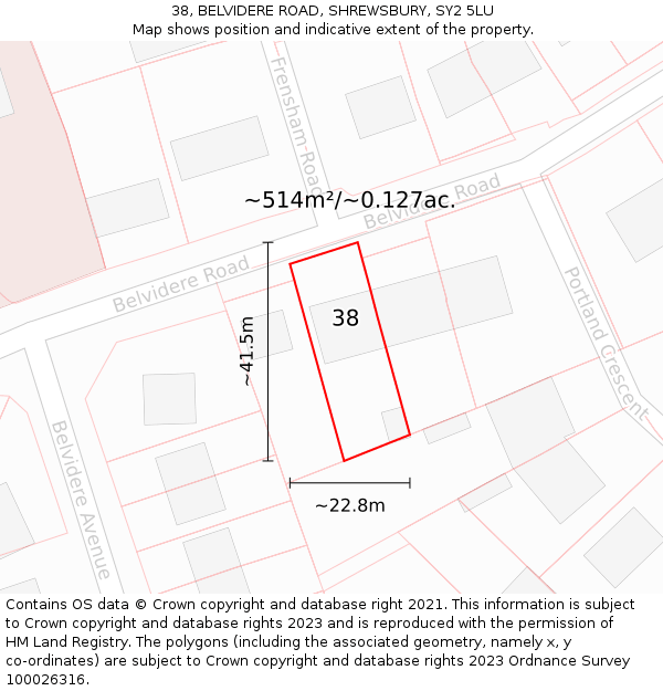 38, BELVIDERE ROAD, SHREWSBURY, SY2 5LU: Plot and title map