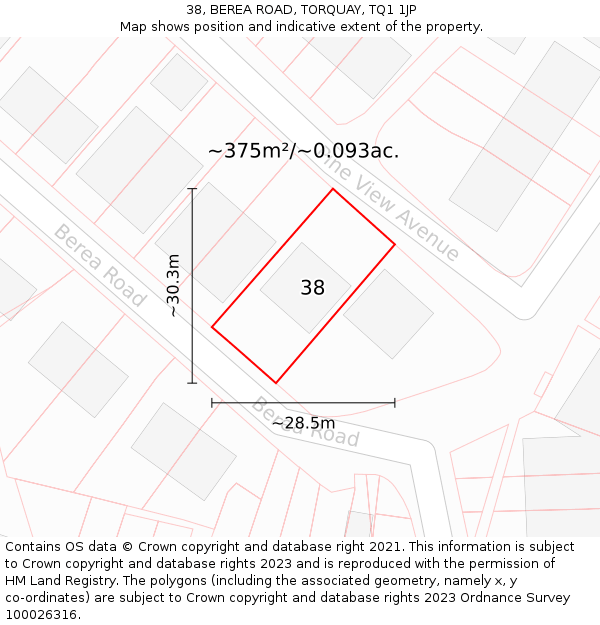 38, BEREA ROAD, TORQUAY, TQ1 1JP: Plot and title map