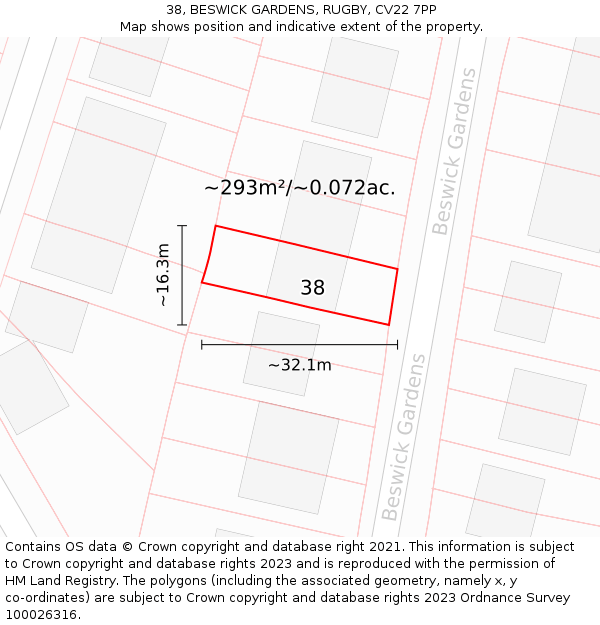 38, BESWICK GARDENS, RUGBY, CV22 7PP: Plot and title map