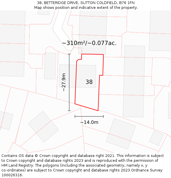 38, BETTERIDGE DRIVE, SUTTON COLDFIELD, B76 1FN: Plot and title map