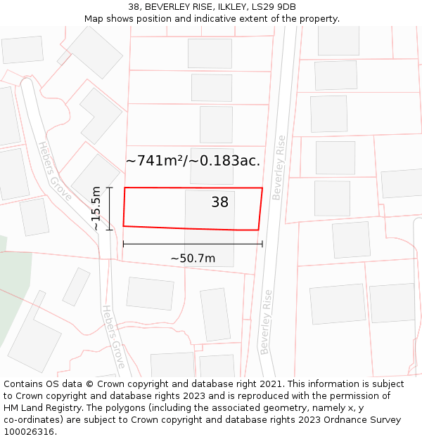 38, BEVERLEY RISE, ILKLEY, LS29 9DB: Plot and title map