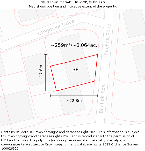 38, BIRCHOLT ROAD, LIPHOOK, GU30 7PQ: Plot and title map