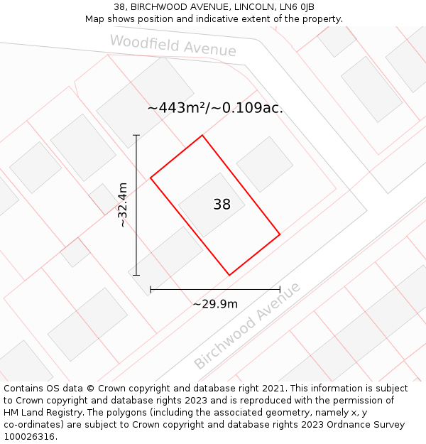 38, BIRCHWOOD AVENUE, LINCOLN, LN6 0JB: Plot and title map