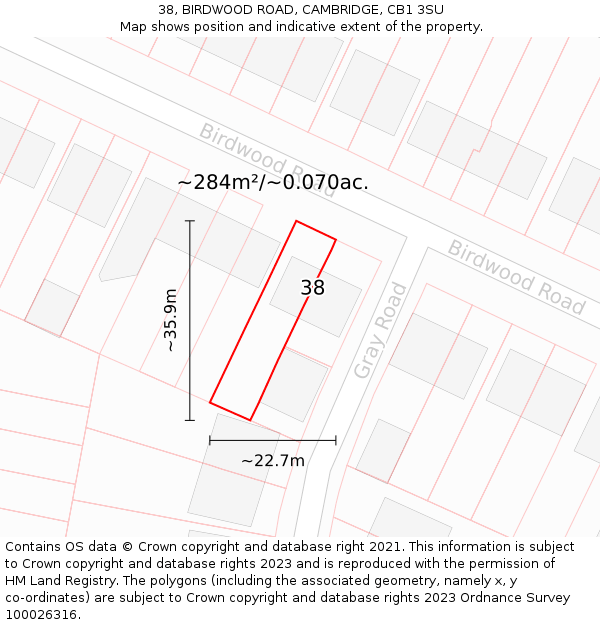 38, BIRDWOOD ROAD, CAMBRIDGE, CB1 3SU: Plot and title map