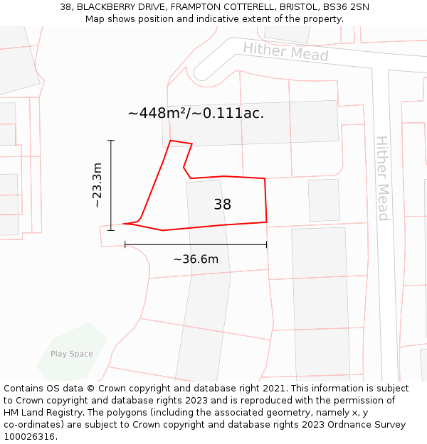 38, BLACKBERRY DRIVE, FRAMPTON COTTERELL, BRISTOL, BS36 2SN: Plot and title map