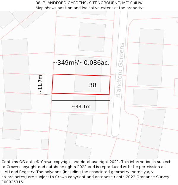 38, BLANDFORD GARDENS, SITTINGBOURNE, ME10 4HW: Plot and title map