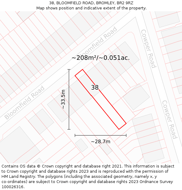 38, BLOOMFIELD ROAD, BROMLEY, BR2 9RZ: Plot and title map