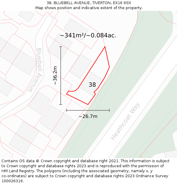 38, BLUEBELL AVENUE, TIVERTON, EX16 6SX: Plot and title map