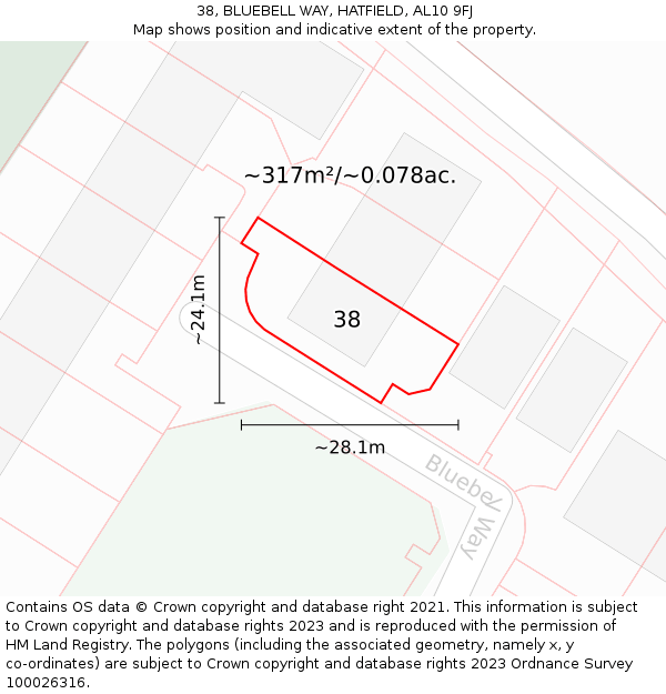 38, BLUEBELL WAY, HATFIELD, AL10 9FJ: Plot and title map