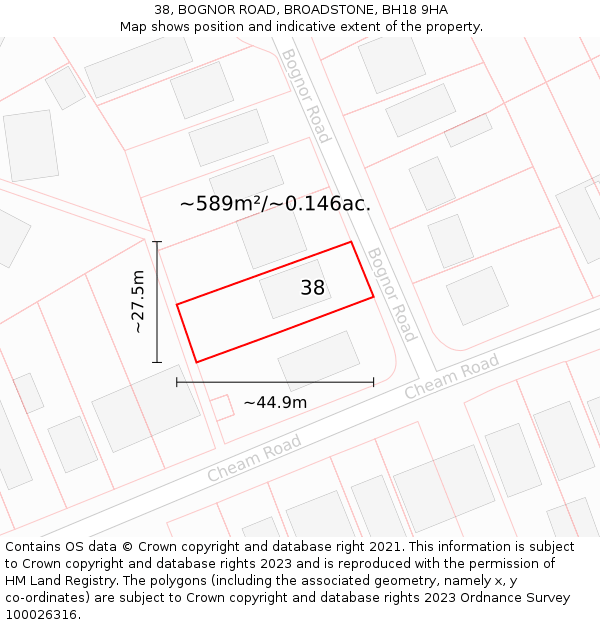 38, BOGNOR ROAD, BROADSTONE, BH18 9HA: Plot and title map