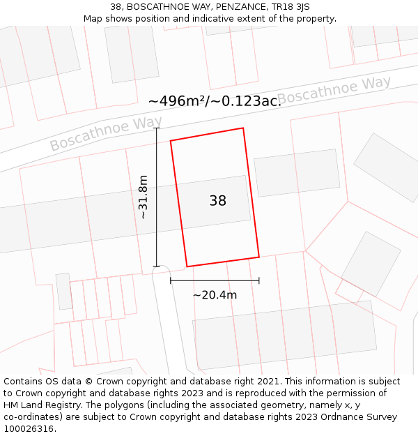 38, BOSCATHNOE WAY, PENZANCE, TR18 3JS: Plot and title map