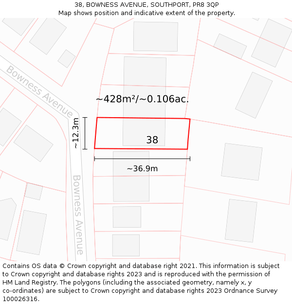 38, BOWNESS AVENUE, SOUTHPORT, PR8 3QP: Plot and title map