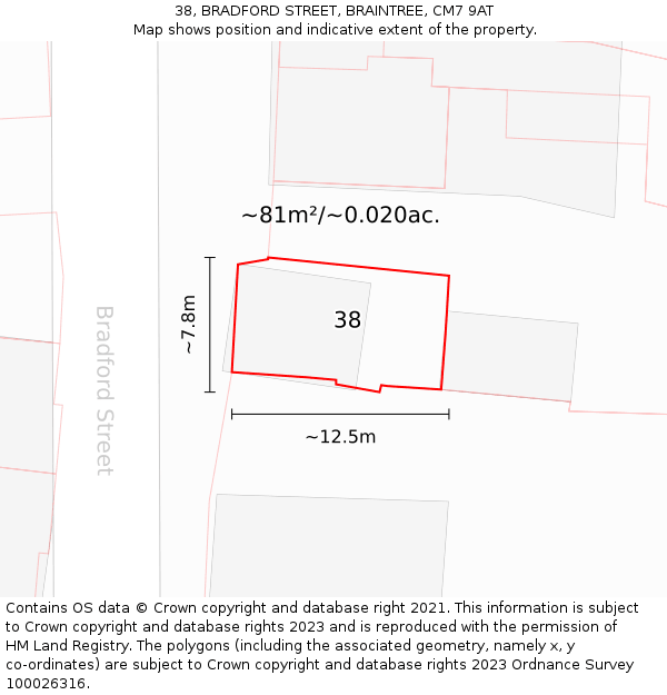 38, BRADFORD STREET, BRAINTREE, CM7 9AT: Plot and title map