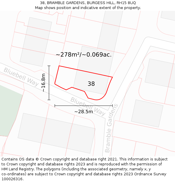 38, BRAMBLE GARDENS, BURGESS HILL, RH15 8UQ: Plot and title map