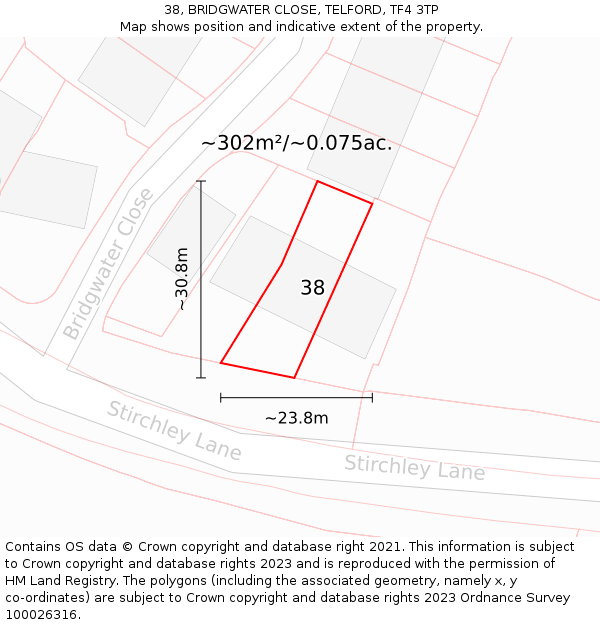 38, BRIDGWATER CLOSE, TELFORD, TF4 3TP: Plot and title map