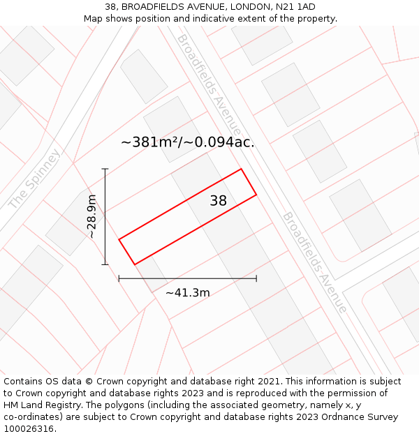 38, BROADFIELDS AVENUE, LONDON, N21 1AD: Plot and title map