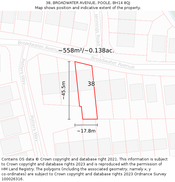 38, BROADWATER AVENUE, POOLE, BH14 8QJ: Plot and title map