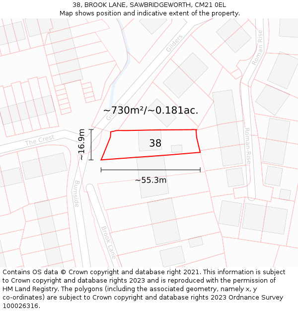 38, BROOK LANE, SAWBRIDGEWORTH, CM21 0EL: Plot and title map