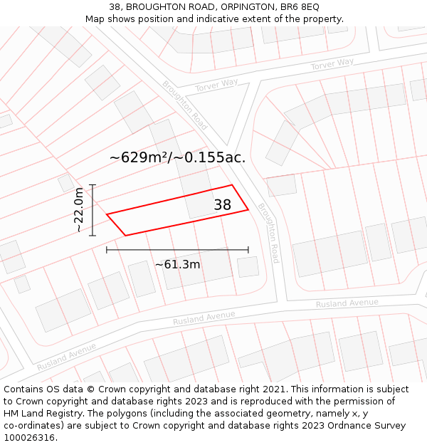 38, BROUGHTON ROAD, ORPINGTON, BR6 8EQ: Plot and title map