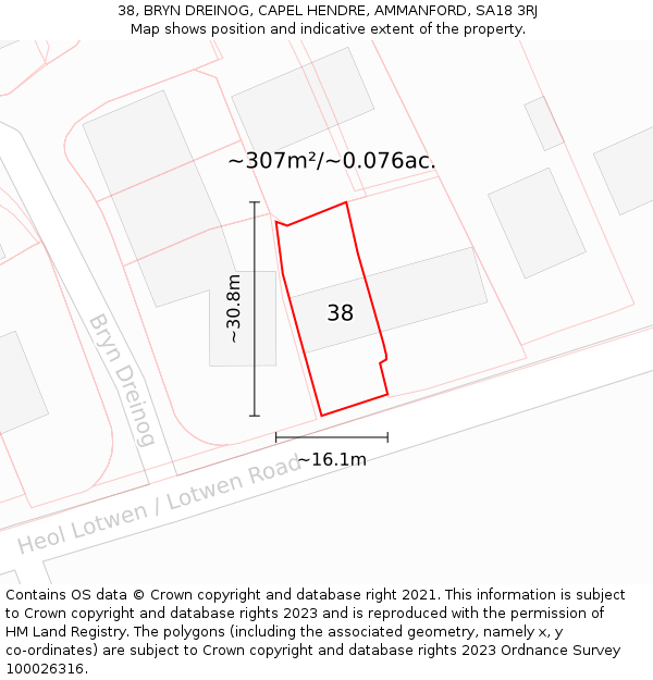 38, BRYN DREINOG, CAPEL HENDRE, AMMANFORD, SA18 3RJ: Plot and title map