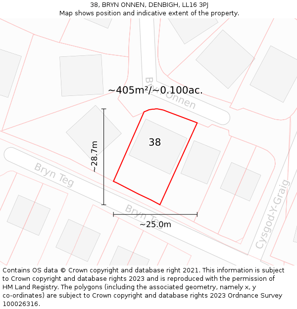 38, BRYN ONNEN, DENBIGH, LL16 3PJ: Plot and title map