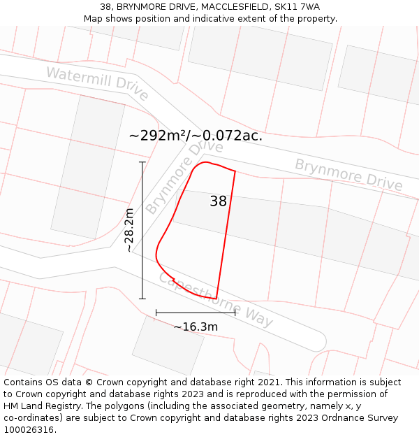 38, BRYNMORE DRIVE, MACCLESFIELD, SK11 7WA: Plot and title map