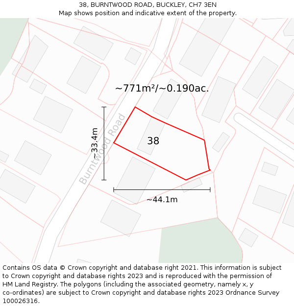 38, BURNTWOOD ROAD, BUCKLEY, CH7 3EN: Plot and title map