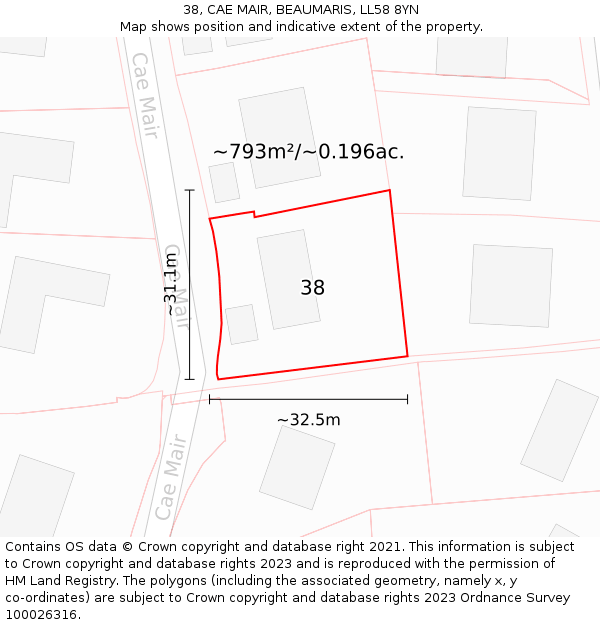 38, CAE MAIR, BEAUMARIS, LL58 8YN: Plot and title map