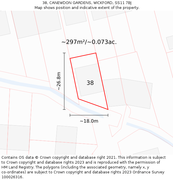 38, CANEWDON GARDENS, WICKFORD, SS11 7BJ: Plot and title map