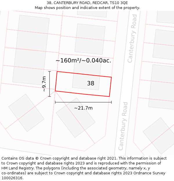 38, CANTERBURY ROAD, REDCAR, TS10 3QE: Plot and title map