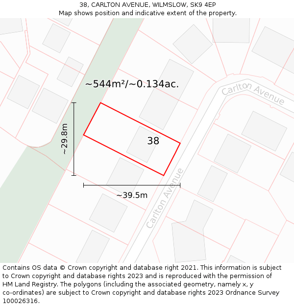 38, CARLTON AVENUE, WILMSLOW, SK9 4EP: Plot and title map