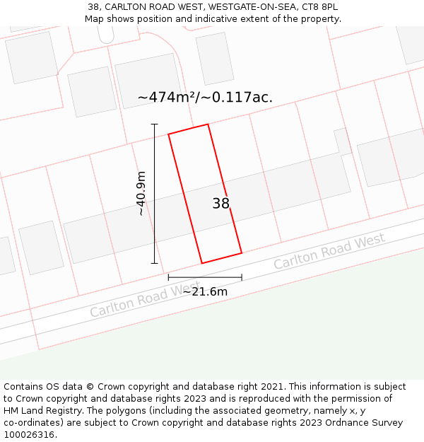 38, CARLTON ROAD WEST, WESTGATE-ON-SEA, CT8 8PL: Plot and title map