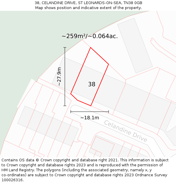 38, CELANDINE DRIVE, ST LEONARDS-ON-SEA, TN38 0GB: Plot and title map