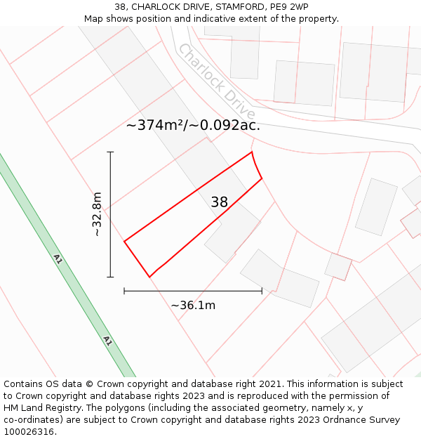 38, CHARLOCK DRIVE, STAMFORD, PE9 2WP: Plot and title map