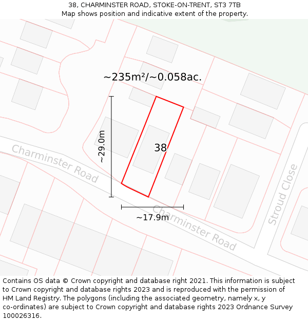 38, CHARMINSTER ROAD, STOKE-ON-TRENT, ST3 7TB: Plot and title map