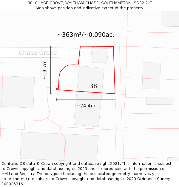 38, CHASE GROVE, WALTHAM CHASE, SOUTHAMPTON, SO32 2LF: Plot and title map