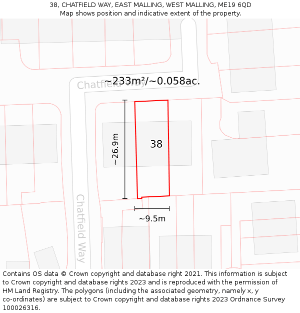 38, CHATFIELD WAY, EAST MALLING, WEST MALLING, ME19 6QD: Plot and title map