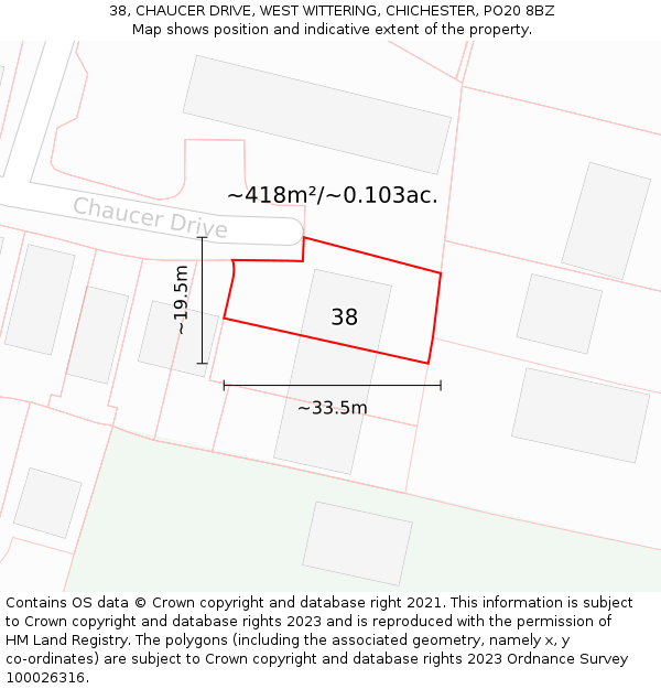 38, CHAUCER DRIVE, WEST WITTERING, CHICHESTER, PO20 8BZ: Plot and title map