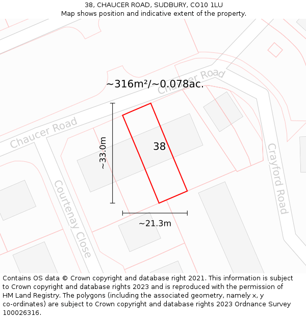 38, CHAUCER ROAD, SUDBURY, CO10 1LU: Plot and title map