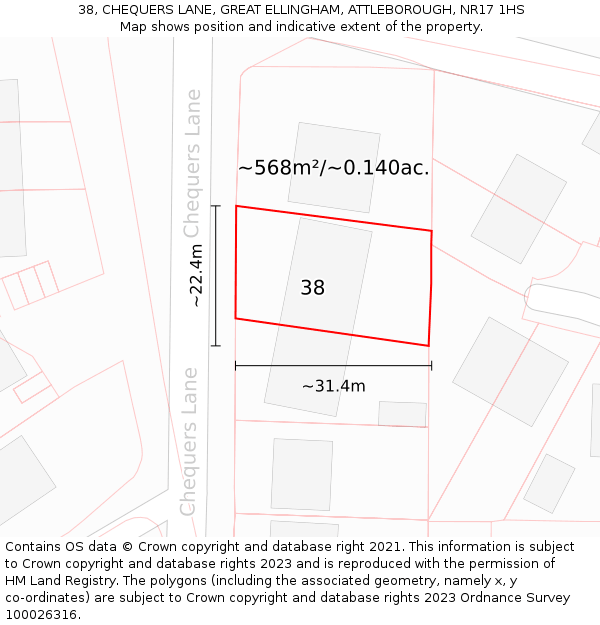 38, CHEQUERS LANE, GREAT ELLINGHAM, ATTLEBOROUGH, NR17 1HS: Plot and title map