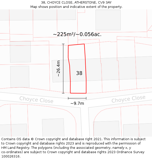 38, CHOYCE CLOSE, ATHERSTONE, CV9 3AY: Plot and title map