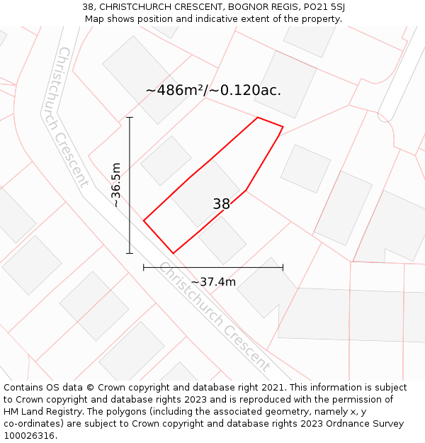 38, CHRISTCHURCH CRESCENT, BOGNOR REGIS, PO21 5SJ: Plot and title map