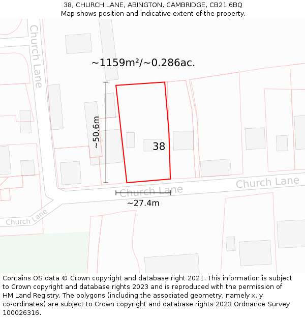 38, CHURCH LANE, ABINGTON, CAMBRIDGE, CB21 6BQ: Plot and title map