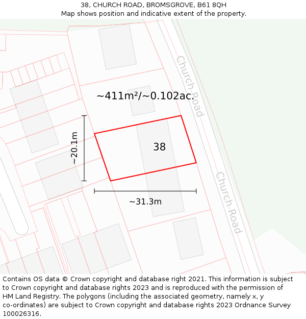 38, CHURCH ROAD, BROMSGROVE, B61 8QH: Plot and title map