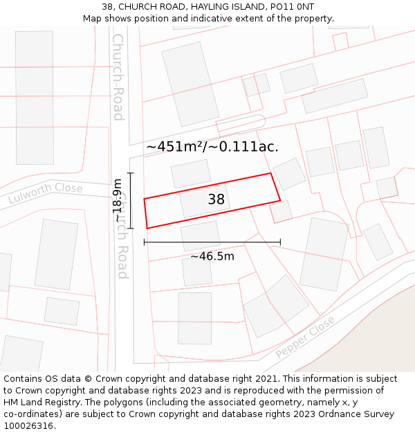 38, CHURCH ROAD, HAYLING ISLAND, PO11 0NT: Plot and title map