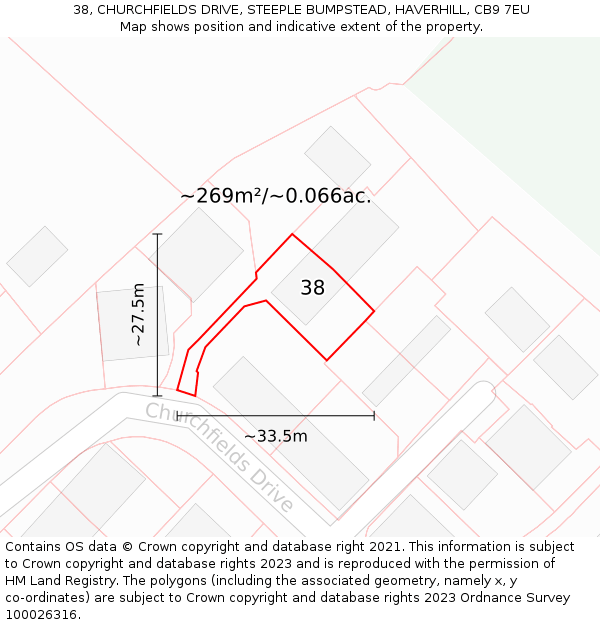 38, CHURCHFIELDS DRIVE, STEEPLE BUMPSTEAD, HAVERHILL, CB9 7EU: Plot and title map