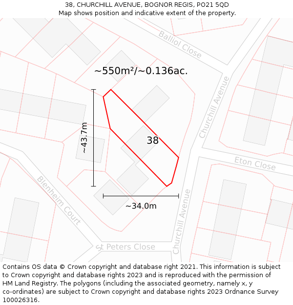 38, CHURCHILL AVENUE, BOGNOR REGIS, PO21 5QD: Plot and title map